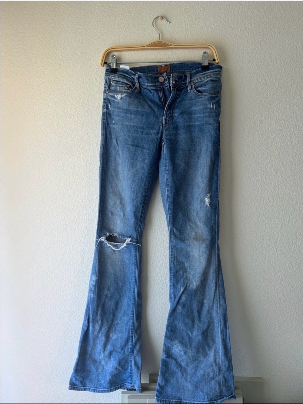 MOTHER Blue Distressed Flare Jeans